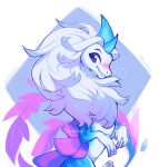aquatic aquatic_dragon blue_body blue_hair blue_horn blue_skin blush disney dragon eastern_dragon female feral fur furred_dragon furred_scalie hair happy horn looking_at_viewer looking_back multicolored_body multicolored_fur mythological_creature mythological_scalie mythology pawstanoodle purple_eyes purple_fins raya_and_the_last_dragon scalie simple_background sisu_(ratld) smile smiling_at_viewer solo