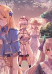  4girls absurdres belt bike_shorts bike_shorts_under_skirt black_shorts blonde_hair blue_capelet blurry blurry_foreground braid breasts capelet chest_harness commentary_request dark_skin depth_of_field dress dusk fading hair_between_eyes hair_ornament hair_over_one_eye harness hat heaven_burns_red highres horns kura_satomi large_breasts long_hair long_sleeves multiple_girls necktie official_alternate_costume ogasahara_hisame outdoors pink_hair ponytail puyopiku red_eyes red_ribbon ribbon sad shirakawa_yuina shorts sidelocks skirt sleeveless sleeveless_dress spoilers straw_hat transparent tsukishiro_monaka white_belt white_dress white_hair yellow_eyes 