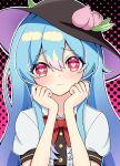  1girl 4murxwcuny71434 black_hat blue_hair blush bow bowtie center_frills closed_mouth commentary_request frills hat heart heart-shaped_pupils highres hinanawi_tenshi long_hair looking_at_viewer outline peach_hat_ornament polka_dot polka_dot_background red_bow red_bowtie red_eyes short_hair short_sleeves solo symbol-shaped_pupils touhou upper_body white_outline 
