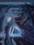  1girl absurdres barefoot bubble cellphone cho_kaguya-hime! commentary electrodes hair_ornament hair_rings hair_stick half-closed_eyes highres hugging_own_legs long_hair long_sleeves looking_down phone purple_eyes runami_yachiyo solo somnya underwater very_long_hair vignetting water_tank white_hair wide_sleeves 