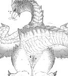 2025 absurd_res animal_genitalia bodily_fluids breath butt butt_focus capcom censored cloaca cloaca_juice digital_media_(artwork) elder_dragon female feral genital_fluids genitals heart_symbol hi_res krypton_(artist) leaking_cloaca long_neck looking_at_viewer looking_back looking_pleasured monochrome monster_hunter presenting presenting_cloaca presenting_hindquarters scales seductive simple_background solo sweat tail tail_motion tailbutt tailwag thigh_gap velkhana wings