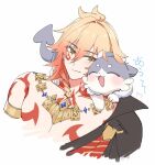  1boy arm_tattoo armlet black_coat blonde_hair braid chest_tattoo chimera_(honkai:_star_rail) coat commentary_request creature creature_on_shoulder earrings facial_tattoo gold_earrings gold_necklace gradient_hair highres honkai:_star_rail honkai_(series) jewelry male_focus medium_hair multicolored_hair mydei_(honkai:_star_rail) necklace on_shoulder open_clothes open_coat phainon_(honkai:_star_rail) phainon_(vigethos)_(honkai:_star_rail) red_hair red_tattoo side_braid solo tapirafu tattoo yellow_eyes 