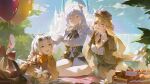  3girls absurdres ahoge azuria03 black_necktie blonde_hair breasts cake cecilia_schariac cleavage closed_eyes closed_mouth durandal_(honkai_impact) english_commentary eyewear_on_head food hair_between_eyes headpat highres honkai_(series) honkai_impact_3rd kiana_kaslana long_hair long_hair_between_eyes long_sleeves looking_at_another lying mother_and_child mother_and_daughter multiple_girls necktie on_stomach outdoors parent_and_child parted_lips second-party_source shoes siblings sisters sitting sky smile sunglasses the_pose white_hair white_shoes 
