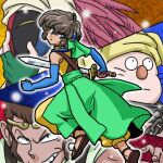  4boys blue_gloves brown_hair brown_sandals character_request check_gender commentary_request elbow_gloves fingerless_gloves gender_request gloves green_eyes holding holding_sword holding_weapon leg_up looking_back male_focus monkey multiple_boys ranma_1/2 sandals sword tagme touma_(ranma_1/2) wanta_(futoshi) weapon 
