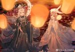 2girls animal_ears architecture beads black_capelet black_hanfu blue_robe brown_hair capelet chinese_clothes chinese_commentary chinese_hairpin circlet clenched_hand closed_mouth commentary_request crescent crescent_hair_ornament crescent_halo crown east_asian_architecture extra_ears facial_mark faint_moon_dew_(shining_nikki) feather_capelet flower forehead_mark frilled_sleeves frills full_body hair_beads hair_bun hair_flower hair_ornament hairpin half_updo halo halo_behind_head hand_fan hanfu happy holding holding_fan lantern light_particles lipstick long_hair long_sidelocks long_sleeves looking_at_object makeup moonset_(shining_nikki) multiple_girls multiple_hairpins nikki_(series) open_mouth orange_eyes outdoors outstretched_hand paper_lantern peacock_feathers pink_lips pom_pom_(clothes) pom_pom_hair_ornament purple_hanfu rabbit_ears rabbit_girl reflection reflective_liquid ribbon robe shining_nikki sidelocks single_hair_bun sky smile standing standing_on_liquid tassel teeth topknot tuanshan twintails very_long_hair waist_ribbon water watermark weibo_watermark white_flower white_hair white_halo wide_sleeves wuren_daoshang_dekezong yellow_eyes yellow_ribbon yunjian 