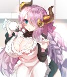  1girl apron blue_eyes blush breasts cleavage cleavage_cutout clothing_cutout commentary_request draph food_on_body food_on_breasts food_on_hand granblue_fantasy hair_over_one_eye heart_cutout highres holding holding_pastry_bag horns huge_breasts icing long_hair looking_at_viewer narmaya_(granblue_fantasy) narmaya_(valentine)_(granblue_fantasy) niyasuke_(yama) official_alternate_costume open_mouth pastry_bag purple_hair purple_ribbon ribbon sweater white_apron 