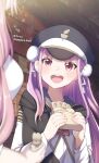  2girls absurdres aikawa_megumi black_hat capelet commentary_request double_bun food hair_bun hair_ribbon hat heaven_burns_red highres holding holding_food kunimi_tama long_hair multiple_girls open_mouth pink_eyes pink_hair puyopiku ribbon shirt translated white_ribbon white_shirt 