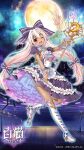  1girl ascot baizu_(guszx) blush bow breasts dark-skinned_female dark_skin dress frilled_dress frills full_body full_moon hair_between_eyes hair_bow highres holding holding_staff long_hair low-tied_long_hair mireille_lerner moon night official_art official_wallpaper one_eye_closed open_mouth pink_hair puffy_short_sleeves puffy_sleeves purple_bow red_eyes shironeko_project short_sleeves small_breasts smile solo staff striped_bow twintails very_long_hair white_ascot 