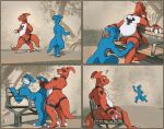 3_fingers 3_toes 3d_(artwork) 3d_background 4_panel_comic 5_fingers absurd_res anal anal_penetration anthro anthro_on_anthro arm_markings bandai_namco belly bench black_markings blue_body bodily_fluids cel_shading chest_markings claw_fingers claws confusion crouching cum cum_trail digimon digimon_(species) digital_drawing_(artwork) digital_media_(artwork) erection eye_roll eyes_closed facial_markings feet fellatio finger_claws fingers furgonomic_furniture furgonomics genital_fluids genitals gesture grin guilmon half-erect head_markings hi_res humanoid_genitalia humanoid_penis leaning leaning_backward leaning_on_furniture leaning_on_object leg_markings light looking_at_another looking_at_another's_butt looking_back looking_back_at_another looking_pleasured looking_up male male/male markings mixed_media multicolored_body nude on_bench open_mouth open_smile oral oral_penetration outside park_bench penetration penile penile_penetration penis public public_nudity public_sex question_mark red_body running running_away sex sex_toy shaded sharp_teeth sitting sitting_on_bench smaller_version_at_source smile story story_in_description sunlight tail tail_grab teeth thymine toe_claws toes two_tone_body veemon vibrator walking waving white_belly white_body white_claws