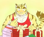  anthro big_muscles birthday blue_eyes clothing feline fur gift mammal morenatsu muscles plain_background surprise tiger torahiko_ooshima 