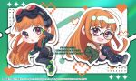  1girl arm_up birthday black_bodysuit black_boots blunt_bangs bodysuit boots breasts character_name chestnut_mouth chibi chibi_only choppy_bangs copyright_name dated deformed fur-trimmed_jacket fur_trim glasses goggles goggles_on_head gradient_background green_background green_jacket green_trim grid_background hands_in_pockets happy_birthday heart highres jacket kinoshita_aki lace-up_boots long_hair looking_back multiple_views official_alternate_costume open_mouth orange_hair outline persona persona_5 pixel_heart purple_eyes sakura_futaba shirt shorts small_breasts smile t-shirt tareme thick_outlines very_long_hair watermark white_outline white_shirt 
