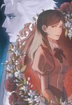  1boy 1girl absurdres adasztt blue_eyes breasts closed_mouth coat devil_may_cry_(series) devil_may_cry_4 dress highres husband_and_wife lady_in_red_(devil_may_cry) long_dress long_hair red_dress short_hair smile upper_body vergil_(devil_may_cry) white_hair 