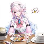  1girl absurdres alternate_costume blush bow bowtie breasts cake cake_slice center_frills colored_inner_hair commentary dana_(hapong07) denia_(wuthering_waves) food fork frills fruit hair_bow hair_ornament hamster hat highres holding holding_food holding_fork long_hair looking_at_viewer macaron medium_breasts multicolored_hair pink_bow pink_bowtie pink_hair pink_hat purple_eyes purple_hair solo upper_body white_bow wuthering_waves 