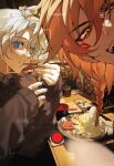  2boys alternate_costume antenna_hair black_jacket blonde_hair blue_eyes braid chopsticks commentary_request eating facial_tattoo gradient_hair highres holding holding_chopsticks honkai:_star_rail honkai_(series) jacket korean_commentary looking_at_viewer male_focus medium_hair multicolored_hair multiple_boys mydei_(honkai:_star_rail) open_mouth parted_bangs phainon_(honkai:_star_rail) red_hair red_tattoo savior33550336 selfie short_hair side_braid sleeves_past_wrists tattoo teeth viewfinder white_hair yellow_eyes 