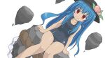  >:) 1girl black_hat blue_hair blue_one-piece_swimsuit blush breasts commentary_request covered_navel hat hinanawi_tenshi kaname-ishi knees long_hair old_school_swimsuit one-piece_swimsuit peach_hat_ornament red_eyes rope school_swimsuit shide shimenawa sitting small_breasts smile solo swimsuit thighs touhou transparent_background v-shaped_eyebrows winn 