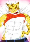  anthro bed big_muscles blue_eyes clothing feline fur mammal morenatsu muscles pubes rotton surprise tiger torahiko_ooshima underwear undressing what 