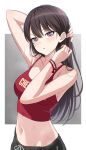 1girl arm_up bang_dream! bang_dream!_it's_mygo!!!!! black_hair blush bracelet breasts commentary crop_top fries_vanquisher highres jewelry large_breasts long_hair looking_at_viewer midriff mole mole_under_eye navel open_mouth purple_eyes red_eyes shiina_taki solo sweat 