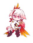  1girl alternate_eye_color amyucheu boots brown_boots brown_thighhighs chibi china_dress chinese_clothes closed_mouth dress fu_hua fu_hua_(phoenix) full_body hair_ornament highres honkai_(series) honkai_impact_3rd invisible_chair jingwei_(bird) long_hair pink_eyes pink_hair ponytail simple_background single_thighhigh sitting smile solo thighhighs white_background white_dress 