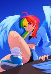  absurdres alternate_skin_color animification black_shirt blue_jacket blue_skirt blue_wings commentary earrings english_commentary feathered_wings from_below highres jacket jewelry multicolored_hair my_little_pony my_little_pony:_friendship_is_magic rainbow_dash rainbow_hair red_eyes shion_(shion_aster) shirt shoes shorts shorts_under_skirt skirt sneakers socks wings 
