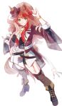  1girl adjusting_eyewear animal_ears black_boots black_shirt black_shorts black_thighhighs blush boots breasts brown_hair c4457755371329c chain_necktie choker ears_through_headwear fedora forever_young_(racing)_(umamusume) forever_young_(umamusume) full_body green_choker green_eyes hand_on_own_hip hat highres holding holding_removed_eyewear horse_ears horse_girl jacket jewelry long_hair looking_at_viewer medium_breasts multicolored_hair necktie open_mouth purple-tinted_eyewear red-tinted_eyewear red_jacket red_streaks shirt shorts shorts_under_skirt simple_background skirt smile solo streaked_hair sunglasses thighhighs tinted_eyewear umamusume unworn_eyewear white_background white_necktie white_skirt white_streaks 