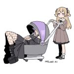  2girls bang_dream! bang_dream!_our_notes black_dress blonde_hair blush boots brown_dress brown_hair chinese_commentary closed_mouth commentary_request dress fishnet_pantyhose fishnets full_body guagua977 jitome long_hair long_sleeves looking_at_viewer multiple_girls off-shoulder_dress off_shoulder pacifier pantyhose platform_boots purple_eyes pushing_stroller shinomiya_shizuku simple_background two_side_up white_background yakura_yomogi 