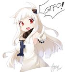  dress english gloves horns kantai_collection long_hair looking_at_viewer northern_ocean_hime pointy_ears profanity red_eyes reverse_translation shinkaisei-kan signature simple_background solo tilt-shift upper_body white_background white_dress white_gloves white_hair white_skin 