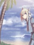  2015 beach blonde_hair blue_eyes dated day garrison_cap hat kantai_collection long_hair military military_uniform outdoors palm_tree silver_bell solo tree u-511_(kantai_collection) uniform water 
