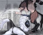 aggressive_ejaculation anthro anthro_on_anthro anus bai_(laobai) ball_grab ball_lick balls big_balls big_penis bodily_fluids breasts canid canine canis cum cumshot demon digitigrade duo ejaculation erection female female_anthro flared_penis fur genital_fluids genitals hi_res hooves huge_balls huge_penis laobai licking lying male male/female male_anthro mammal on_front oral penis restrained saggy_balls sex side_view standing tongue tongue_out vulva white_body white_fur wolf