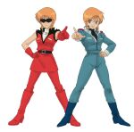  2girls blue_eyes boots breasts char_aznable cosplay elpeo_puru gimojji2571 gloves gundam gundam_zz kamille_bidan kamille_bidan_(cosplay) looking_at_viewer multiple_girls open_mouth orange_hair pointing puru_two quattro_bajeena quattro_bajeena_(cosplay) red_gloves short_hair simple_background smile sunglasses white_background 