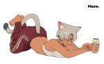  1girl absurdres animal_ear_fluff animal_ears asymmetrical_bangs barefoot beer_can blush breast_press breasts can cat_ears cat_girl cat_tail cleavage dark-skinned_female dark_skin drink_can drunk earrings english_text extra_ears full_body go!_go!_gris! grey_hair grin hair_over_one_eye highres holding holding_can jewelry kara_(go!_go!_gris!) large_breasts lying on_stomach orion_beer pants red_pants shirt simple_background smile solo squeans stud_earrings tail tank_top top-down_bottom-up track_pants vertigris white_background yellow_eyes 