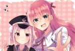  2girls aikawa_megumi black_hat closed_mouth commentary_request green_eyes hair_bun hair_ribbon hair_tie hat heaven_burns_red highres kunimi_tama long_hair looking_at_viewer multiple_girls neck_ribbon open_mouth pink_eyes pink_hair puyopiku red_ribbon ribbon shirt upper_body v white_ribbon white_shirt 