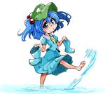  barefoot blue_eyes blue_footwear blue_hair boots boots_removed hair_bobbles hair_ornament hat holding holding_boots holding_shoes kawashiro_nitori key rubber_boots shinapuu shoes short_hair skirt smile solo splashing touhou twintails two_side_up wading water 