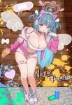  1girl :p absurdres amano_nene_(vtuber) animal_ear_headphones animal_ears belt black_choker blue_eyes blue_hair breasts brick_wall bright_pupils cat_ear_headphones cat_ears character_name choker cleavage commentary fake_animal_ears fishnet_pantyhose fishnets futoshi_95 graffiti hair_ornament halo headphones heart heart-shaped_pupils heart_halo heart_o-ring highres holding holding_spray_can indie_virtual_youtuber jacket large_breasts leaning_forward long_hair long_sleeves mole mole_on_breast mole_under_eye navel o-ring o-ring_choker o-ring_thigh_strap open_clothes open_jacket pantyhose pink_jacket second-party_source shoes solo spray_can stomach symbol-shaped_pupils thigh_strap tongue tongue_out virtual_youtuber white_belt white_pupils wing_hair_ornament 