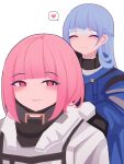  2girls blue_hair breasts commentary english_commentary highres hololive hololive_english hololive_indonesia kobo_kanaeru long_hair mori_calliope multicolored_hair multiple_girls pink_hair pragmata short_hair smile viqur virtual_youtuber white_hair 