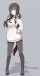  bad_id bad_twitter_id black_hair black_legwear blue_eyes dog_tail elizabeth_f_beurling full_body hand_on_hip long_hair long_sleeves magryo763 pantyhose ribbed_sweater simple_background solo standing sweater tail world_witches_series 