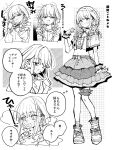  1girl :d ankle_socks blush braid collarbone collared_shirt commentary_request fang fujita_kotone full-face_blush full_body gakuen_idolmaster greyscale hair_over_shoulder highres idolmaster layered_shirt long_hair low_twin_braids midriff monochrome multiple_views navel oomori_(kswmr) shirt shoes short_sleeves sidelocks skin_fang skirt smile smug socks sparkle thigh_strap translation_request twin_braids v-neck 
