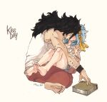  1boy 1girl black_hair blue_hair blush book fairy_tail gajeel_redfox hair_scarf indian_style kiss levy_mcgarden long_hair on_lap pants red_pants rusky scar scar_on_arm simple_background sitting tank_top white_tank_top 