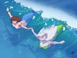2025 absurd_res anthro aquatic armlet arms_out bare_shoulders blue_body blue_eyes blue_scales blue_tail bodysurfing bra bracelet breasts brown_hair canid canine canis cleavage clothed clothing duo eye_contact eyes_closed female female_anthro fur green_body green_bra green_clothing green_scales green_tail green_underwear grey_body grey_fur hair hand_holding hi_res humanoid humanoid_merfolk jewelry long_hair looking_at_another male male/female male_humanoid mammal merfolk nyra_(rikuthemermage) riku_(rikuthemermage) scales seashell_bra shyr signature split_form strapless_bra strapless_clothing strapless_underwear swimming tail topless topless_male underwear wave white_hair wolf