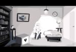  1girl bed bedroom bookshelf charlotte_wiltshire_(q84) clock collared_shirt crt door doorknob expressionless flower hanging_light heart hello_charlotte highres light_rays lily_(flower) long_hair monochrome nabob nightstand optical_illusion painting_(object) pixel_heart shirt sitting skirt table television vase wall_clock white_eyes white_flower white_hair white_shirt white_skirt white_theme 