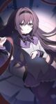  1girl akemi_homura black_capelet black_hairband black_pantyhose bow bowtie capelet clock collared_capelet commentary dark dot_nose dress expressionless feet_out_of_frame frilled_skirt frills grey_dress hair_between_eyes hair_spread_out hairband hand_on_own_stomach high_collar highres holding holding_ribbon ichigousagi layered_sleeves light_particles long_hair long_sleeves lying magical_girl mahou_shoujo_madoka_magica mahou_shoujo_madoka_magica_(anime) miniskirt on_back pantyhose parted_lips pleated_skirt purple_bow purple_bowtie purple_capelet purple_eyes purple_hair purple_skirt red_ribbon ribbon short_dress skirt solo two-tone_capelet very_long_hair vignetting 