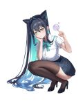  1girl air_bubble alternate_costume aqua_hair averting_eyes black_hair black_shoes black_skirt black_thighhighs bow bowtie bubble collared_shirt colored_inner_hair commentary cone_hair_bun double_bun full_body goddess_of_victory:_nikke green_bow green_bowtie hair_between_eyes hair_bun hand_on_own_face hands_up high_heels highres index_finger_raised little_mermaid_(nikke) long_hair mella_(mell_a12) miniskirt multicolored_hair school_uniform shirt shirt_tucked_in shoes short_sleeves skirt squatting thighhighs two-tone_hair very_long_hair white_shirt wing_collar yellow_eyes 