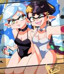  2girls absurdres artist_logo artist_name bare_shoulders beach between_legs black_hair black_one-piece_swimsuit bow-shaped_hair breasts callie_(splatoon) can clothing_cutout cloud cousins covered_navel detached_collar domino_mask drink_can earrings eye_mask fangs hair_ornament hand_between_own_legs highres holding holding_can hoshinokotta inkling jewelry logo long_hair looking_at_viewer marie_(splatoon) mask mole mole_under_eye multiple_girls one-piece_swimsuit one_eye_closed open_mouth pointy_ears selfie short_hair side_cutout small_breasts smile soda_can splatoon_(series) starfish_hair_ornament swimsuit tentacle_hair tongue tongue_out white_hair white_one-piece_swimsuit yellow_eyes 