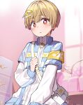  1boy :< armband bag bandaid bandaid_hair_ornament blonde_hair blue_jacket blush closed_mouth commentary crossbody_bag hair_between_eyes hair_ornament heart heart-shaped_pupils heart_zipper high_collar highres holding holding_bag indoors jacket kai_(shell) looking_at_viewer male_focus multicolored_jacket orange_hair short_hair solo strawberry_prince symbol-shaped_pupils tenshi_kaiwai two-tone_jacket upper_body white_bag yellow_armband 