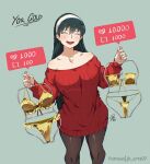  1girl bikini black_hair black_pantyhose breasts closed_eyes clothes_hanger commentary dress earrings english_commentary eyepatch_bikini gold_bikini hairband heart holding holding_clothes_hanger jewelry jk_arts large_breasts like_and_retweet long_hair open_mouth pantyhose red_sweater solo spy_x_family sweater sweater_dress swimsuit white_hairband yor_briar 