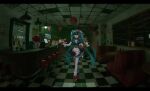  1girl apron balloon bare_legs black_eyes blood blood_on_clothes blood_on_face blue_hair boarded_windows burger buttons cash_register clock commentary_request counter cup diner double-breasted dress food french_fries hairbow hammi hat hatsune_miku heart highres kasane_teto ketchup_bottle ladle lamp light_blush long_hair looking_at_viewer menu mesmerizer_(vocaloid) mustard napkin roller_skates sharp_teeth skates solo spatula stool teeth tile_floor tiles twintails vocaloid 