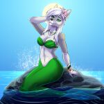 1:1 absurd_res accessory anthro aquatic bare_shoulders belassa bra breasts canid canine canis cleavage clothed clothing day female flower flower_bracelet flower_in_hair green_body green_bra green_clothing green_eyes green_scales green_tail green_underwear hair hair_accessory hand_behind_head hi_res jewelry long_hair mammal merfolk mermaid_tail mermay mermay_2025 navel necklace nyra_(rikuthemermage) on_rock outside partially_submerged plant pose rock scales sea seashell_bra siren sitting sitting_on_rock sky solo split_form strapless_bra strapless_clothing strapless_underwear sun tail underwear water white_hair wolf