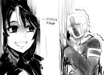  1boy 1girl against_wall breaking_through_wall commentary_request dated empty_eyes fuji_kiseki_(umamusume) gloves hand_on_wall here's_johnny!_(meme) hole_in_wall jacket long_sleeves meme multicolored_hair open_mouth scared skgm smile sweat t-head_trainer_(umamusume) track_jacket trainer_(umamusume) trembling two-tone_hair umamusume 