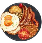  absurdres anaen bacon beans bread commentary_request egg_(food) food food_focus fried_egg highres meat mushroom no_humans original plate sausage simple_background tomato tomato_slice white_background 