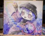 1girl :d black_hat bowl bowl_hat commentary_request fumoteria hat highres japanese_clothes kimono looking_at_viewer miracle_mallet open_mouth photo_(medium) purple_hair red_eyes red_kimono sash short_hair smile solo sukuna_shinmyoumaru touhou traditional_media 