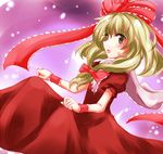  bow dress frills front_ponytail green_eyes green_hair hair_bow hair_ribbon ishimori_sakana kagiyama_hina long_hair open_mouth red_dress ribbon smile solo spinning touhou 